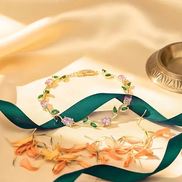 Tulip Pink Rose Vine Floral Bracelet - Anti-Tarnish Gold Plated