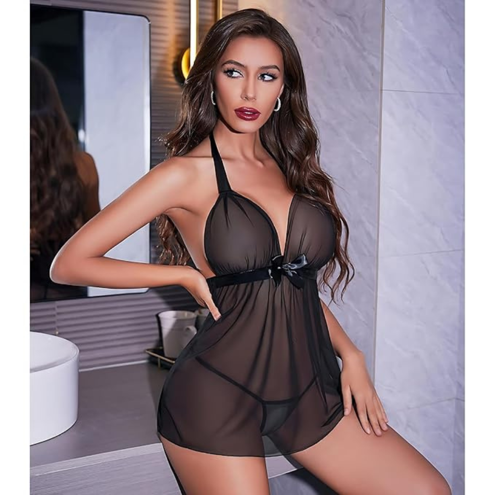 Sheer Lace Halter Chemise – Sexy Mesh Nightwear for Women