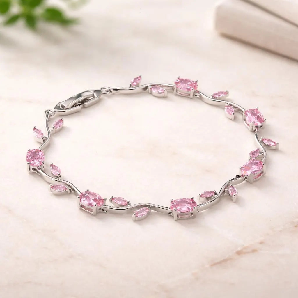 Tulip Pink Floral Stone Vine Bracelet | Anti-Tarnish