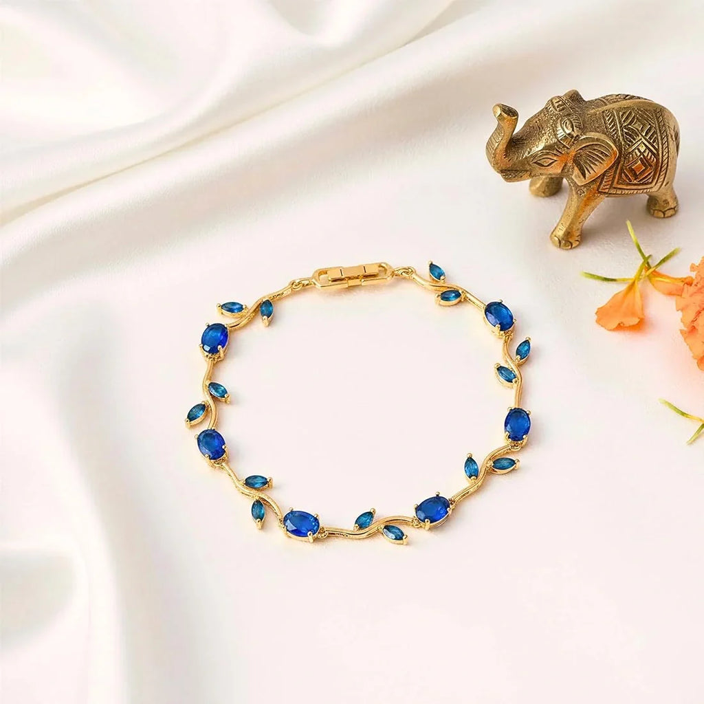 Tulip Blue Stone Vine Leaf Bracelet - Anti Tarnish Gold Plated