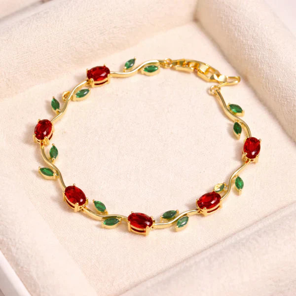 Tulip Floral Vine Red & Green Stone Bracelet - Anti Tarnish Fashion Jewelry
