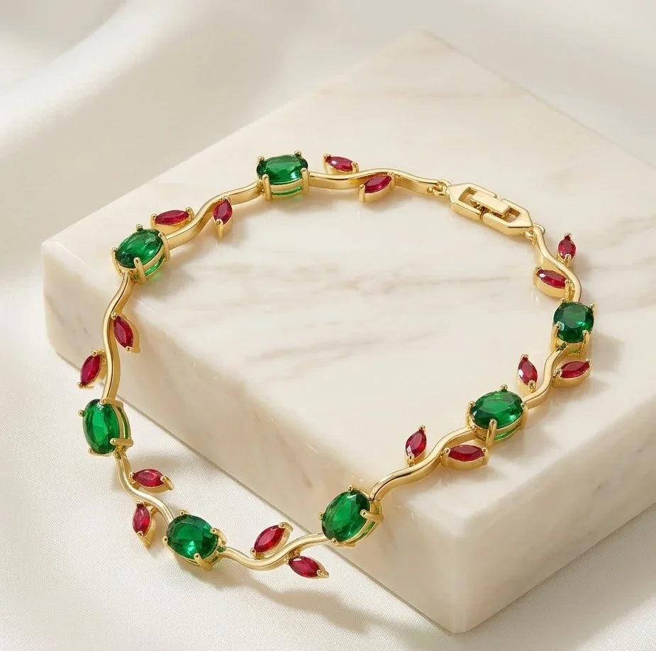 Red & Green Stone Wavy Vine Anti-Tarnish Gold Plated Bracelet