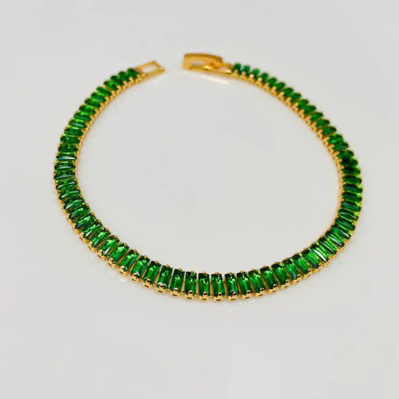 Anti-Tarnish Emerald Green Baguette Tennis Bracelet - Gold Plated