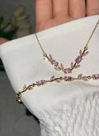 Anti-Tarnish Pink Floral Vine Necklace & Bracelet Set | High Quality Gold Plated Combo
