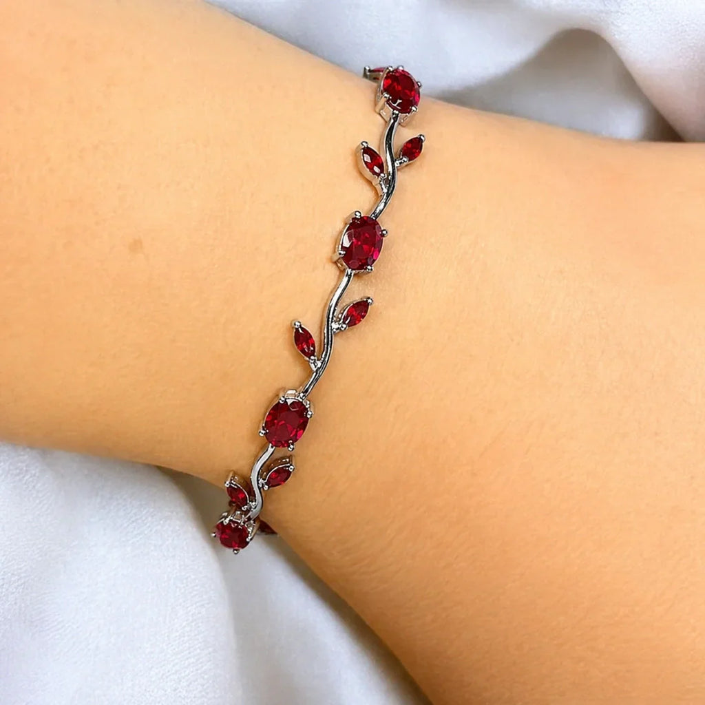 Tulip Red Stone Floral Vine Bracelet - Premium Anti-Tarnish Plated Jewelry