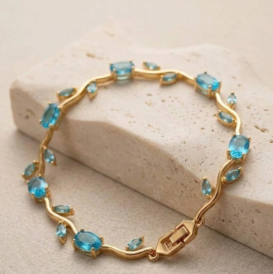Tulip Blue Floral Vine Anti-Tarnish Gold Plated Bracelet