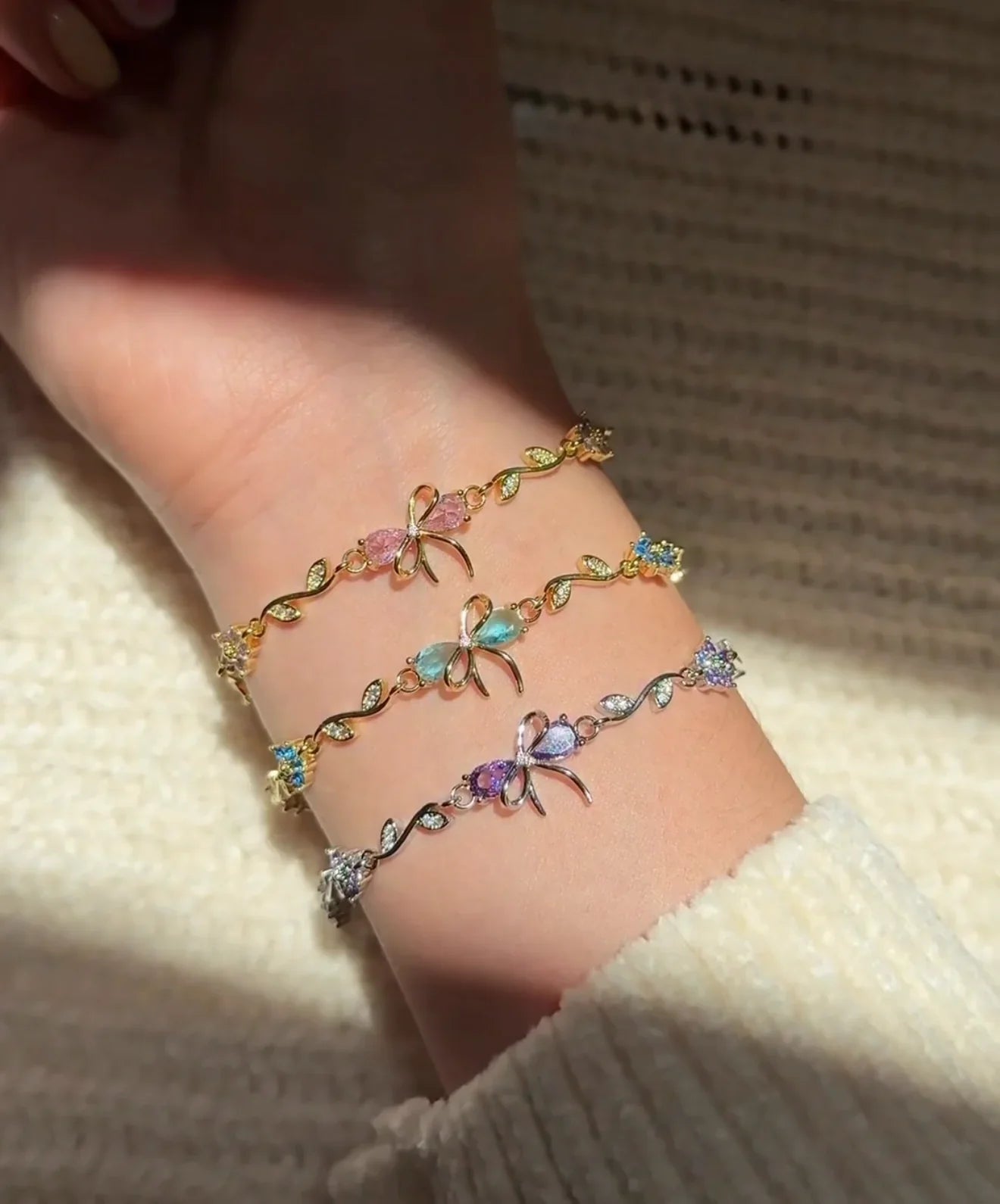 Elegant Bow & Floral Charm Bracelet Combo - 18K Gold Plated Anti-Tarnish Jewelry(Set of 3)