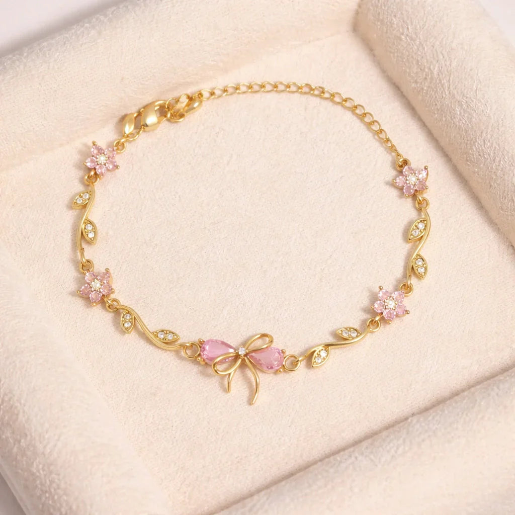 Pink Bow Charm Bracelet - 18K Gold Plated & Anti-Tarnish