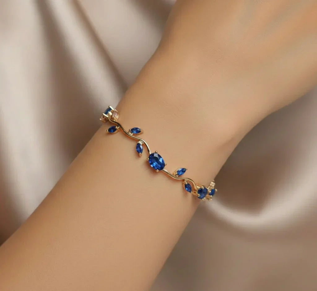 Tulip Blue Stone Vine Leaf Bracelet - Anti Tarnish Gold Plated