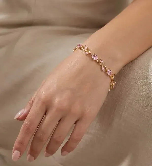 Dainty Pink Floral & Crystal Tennis Bracelet Stack | Gold-Plated Combo