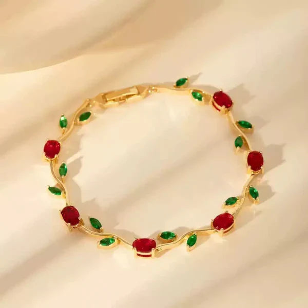 Tulip Floral Vine Red & Green Stone Bracelet - Anti Tarnish Fashion Jewelry