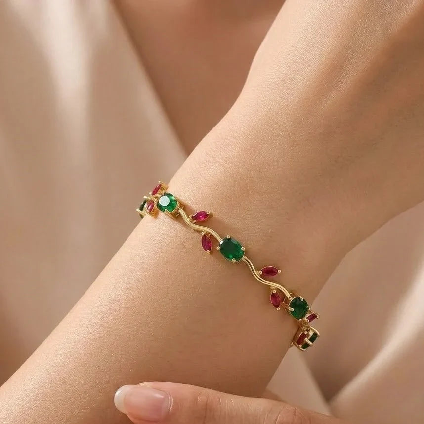 Red & Green Stone Wavy Vine Anti-Tarnish Gold Plated Bracelet