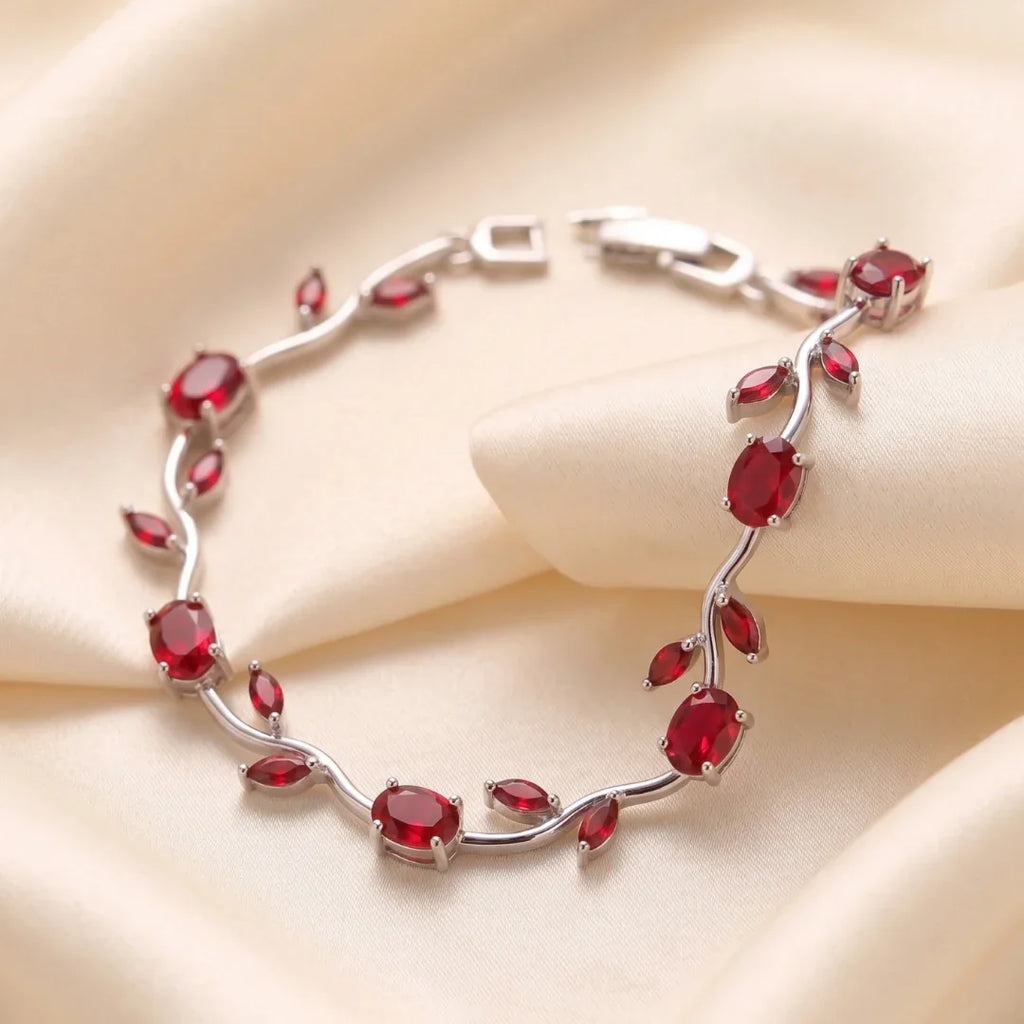 Tulip Red Stone Floral Vine Bracelet - Premium Anti-Tarnish Plated Jewelry