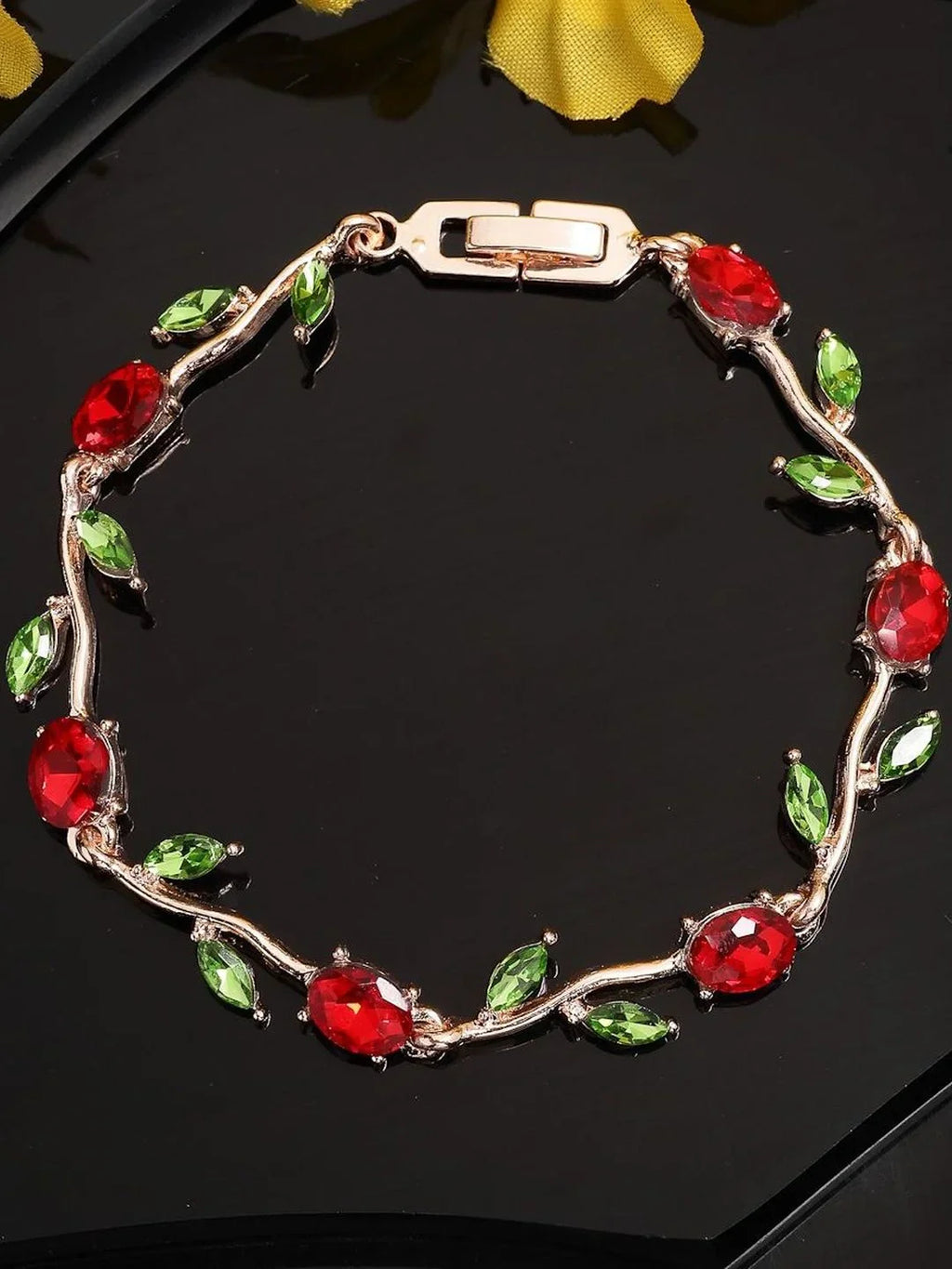 Tulip Floral Vine Red & Green Stone Bracelet - Anti Tarnish Fashion Jewelry