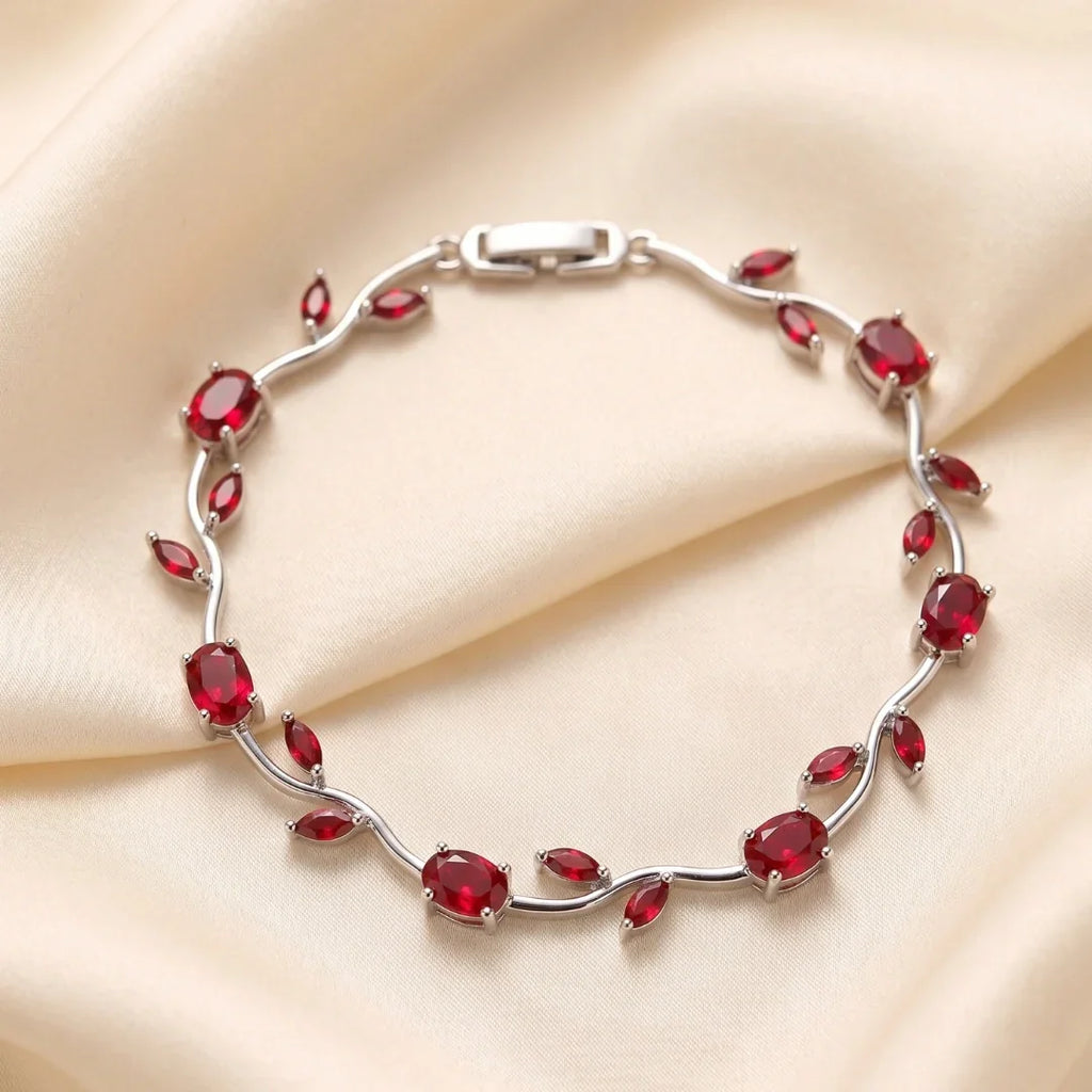 Tulip Red Stone Floral Vine Bracelet - Premium Anti-Tarnish Plated Jewelry