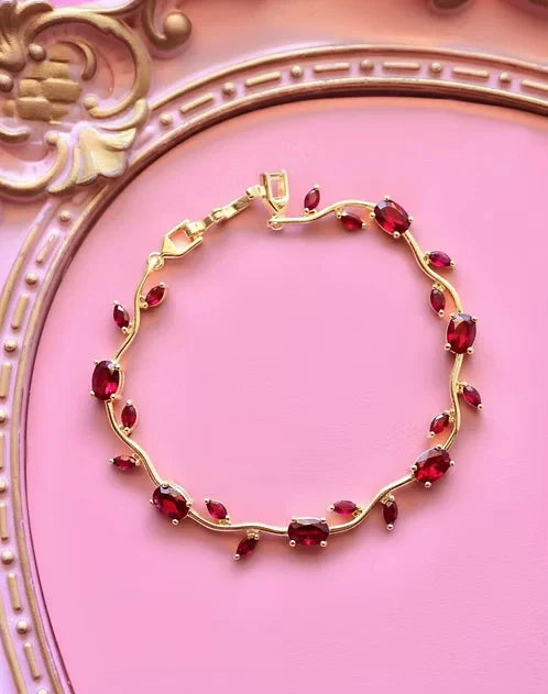 Tulip Ruby Red Leaf Vine Anti-Tarnish Gold Plated Bracelet