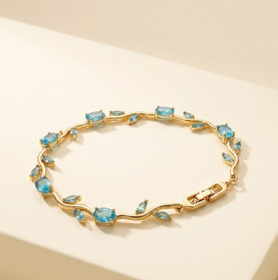 Tulip Blue Floral Vine Anti-Tarnish Gold Plated Bracelet