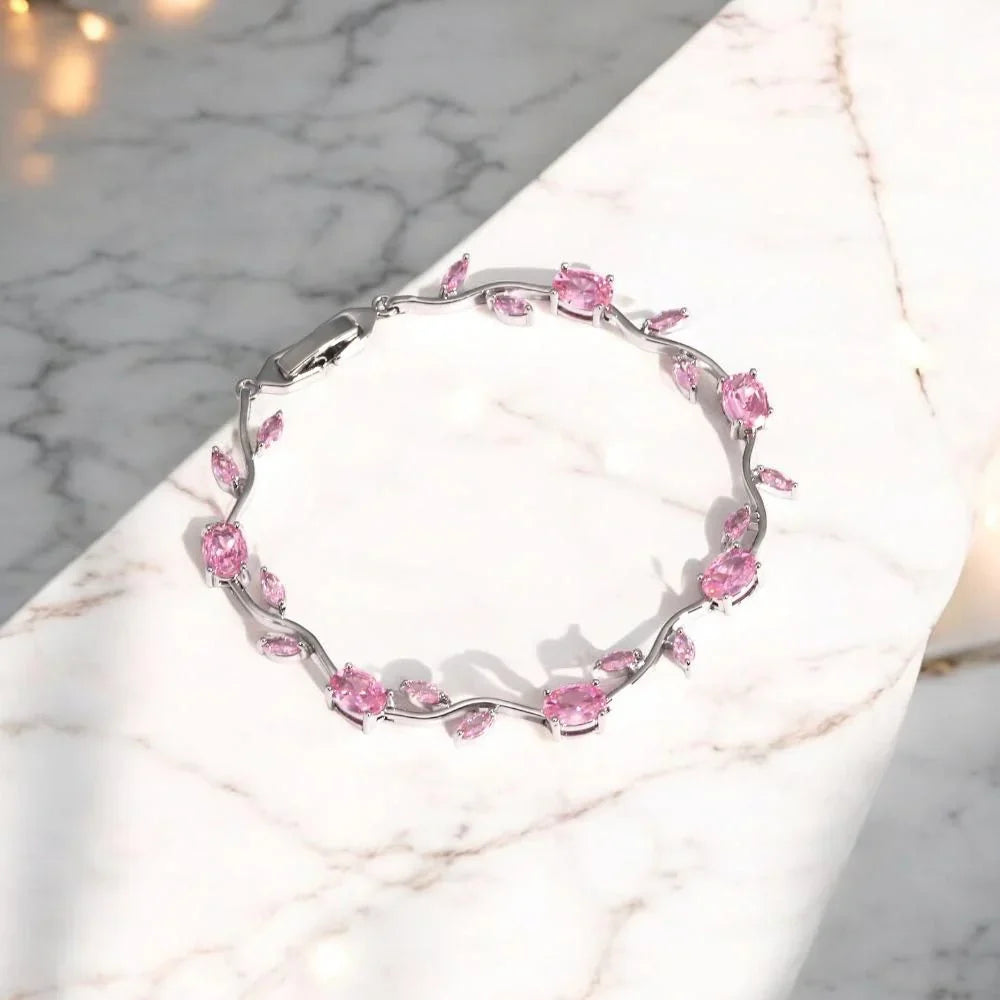 Tulip Pink Floral Stone Vine Bracelet | Anti-Tarnish