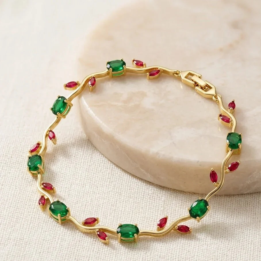 Red & Green Stone Wavy Vine Anti-Tarnish Gold Plated Bracelet